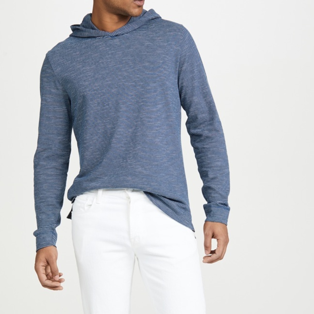Vince Coastal Optic White Long Sleeve Striped Slub Pullover Hoodie Medium